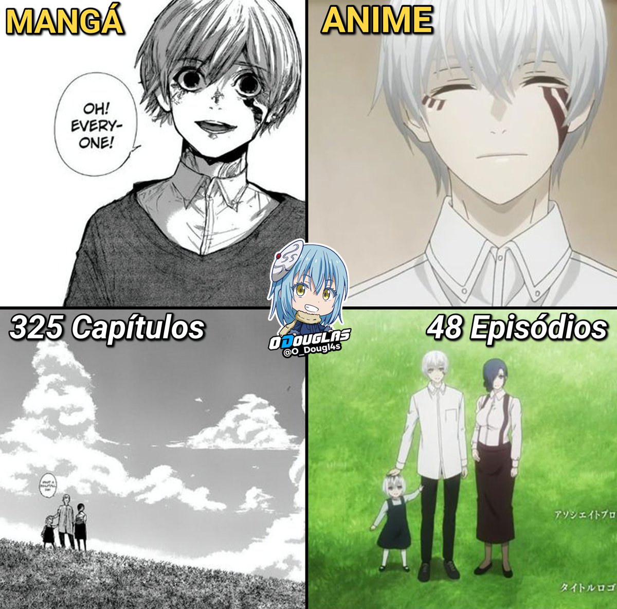 E triste o que fizeram com tokyo ghoul , rusharam 325 capítulos do mangá em apenas 48 episódios no anime 

eu ainda sonho de tokyo ghoul ganhar um remake digno