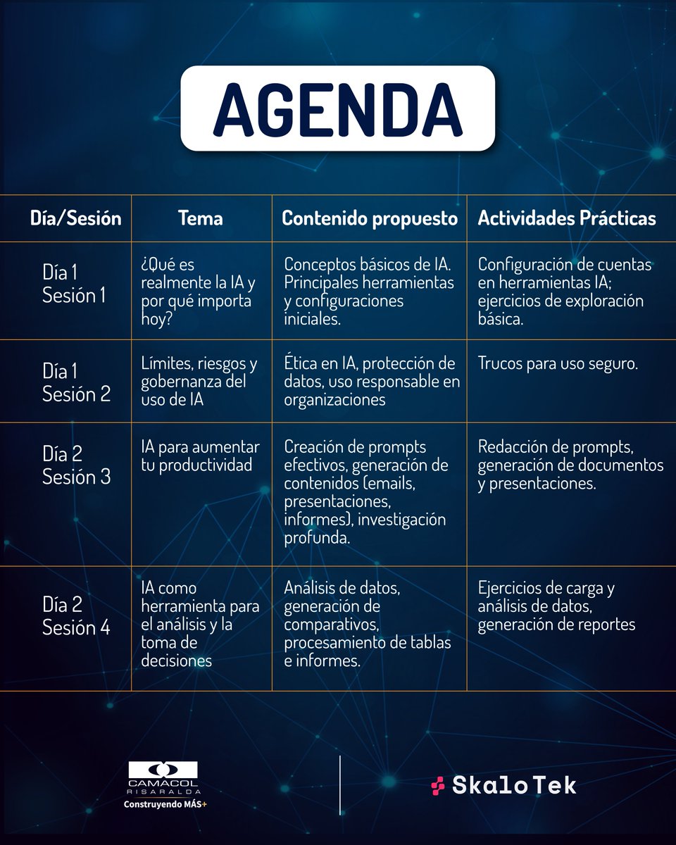 Domina la Inteligencia Artificial Generativa y transforma tu forma de trabajar.

📅 21 y 22 de noviembre
📍Modalidad presencial
👩‍🏫 Con la guía de Marcela Rojas y Karol Nossa, expertas de Skalo Teo

Inscríbete: acortar.link/yJ4Gw3 

✨ ¡Cupos limitados! 

<a href="/CamacolColombia/">Camacol Colombia</a>