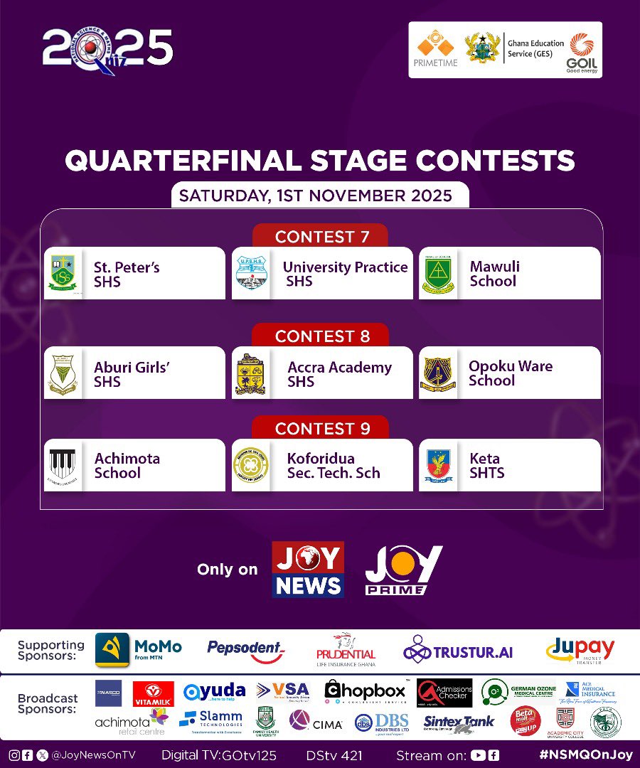 JoyNewsOnTV's tweet photo. The stakes just got higher! The NSMQ 2025 Quarterfinals are here — and it’s all or nothing!Who advances to the semi finals ? 👇Catch every intense moment LIVE on JoyNews and Joy Prime.

#NSMQ2025 #NSMQOnJoy #NSMQQuarterfinals https://t.co/TpcPCIFJzN
