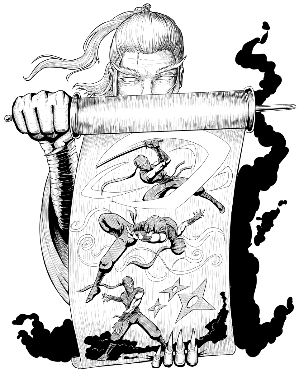 Inktober Day 29 Prompt: Lesson #inktober #inktober2025 #lesson #ninja #scroll #fightingstyles #shuriken #acrobatics #digitalart #noAI