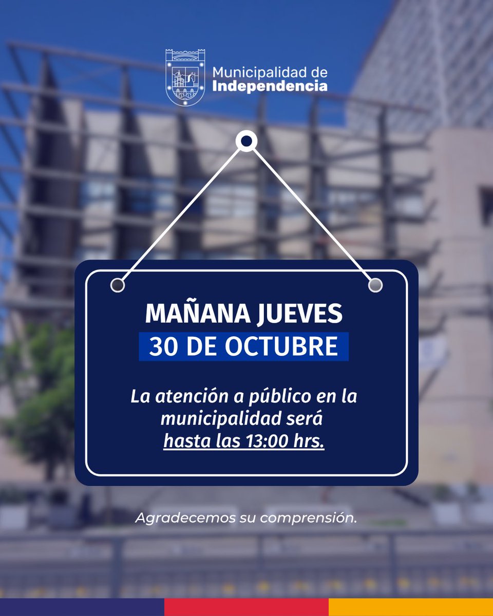 ¡Atención vecinos!

Informamos que este jueves 30 de octubre, la atención municipal será hasta las 13:00 horas.

Agradecemos su comprensión