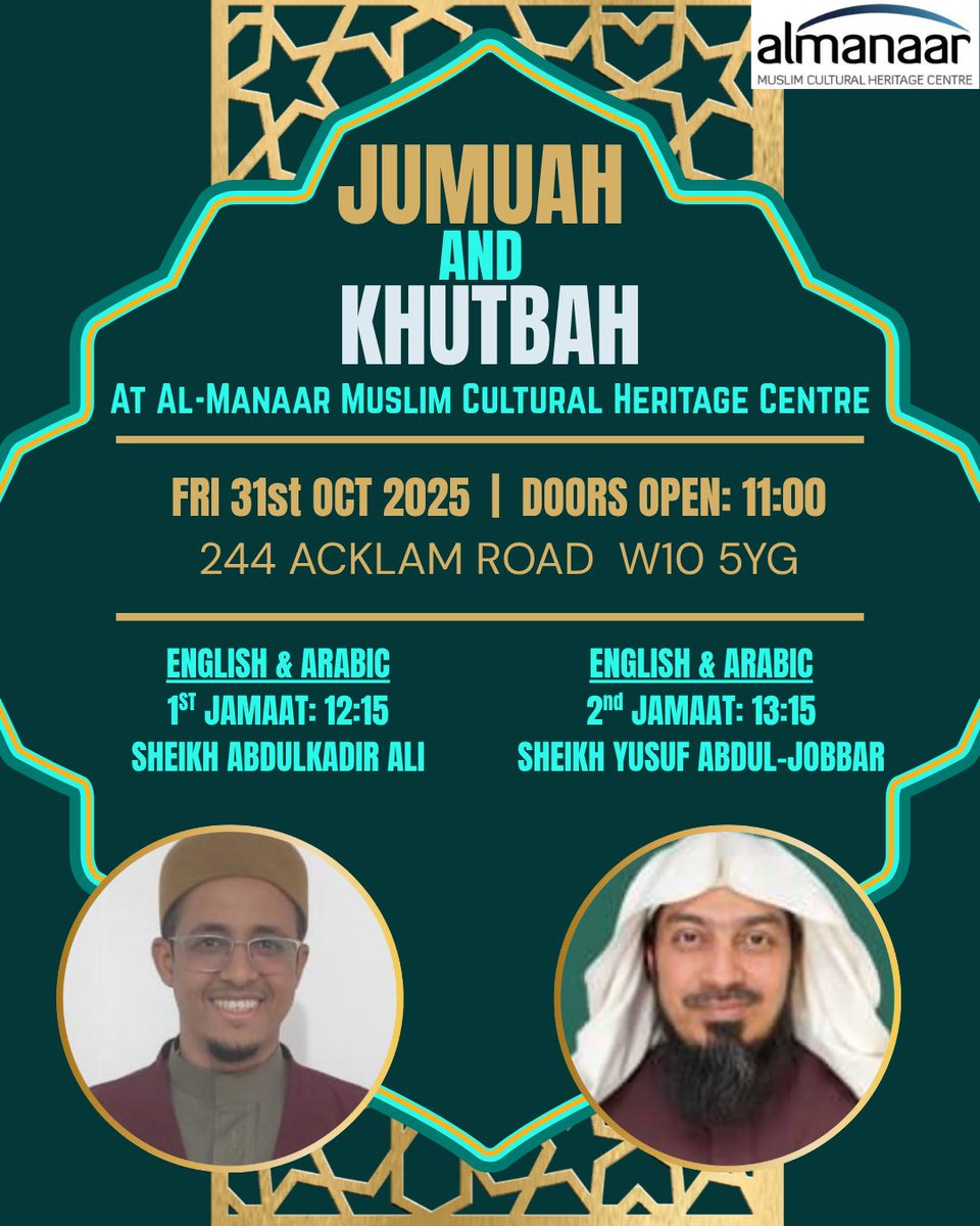 This Friday Jumua'ah Prayer led by:

1st Jamaat - Sheikh Abdulkadir Ali 
2nd Jamaat - Sheikh Yusuf Abdul-Jobbar

1st Jamaat will begin at 12:15
2nd Jamaat will begin at 13:15

The Khutbah will be delivered in both Arabic and English to benefit all of the congregation.
