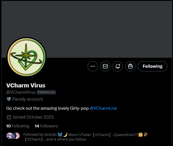 GIRLIES WE HAVE A VIRUS ACCOUNT !! ~ 

Go follow <a href="/VCharmVirus/">VCharm Virus</a> for all your VCharm fan needs UwU