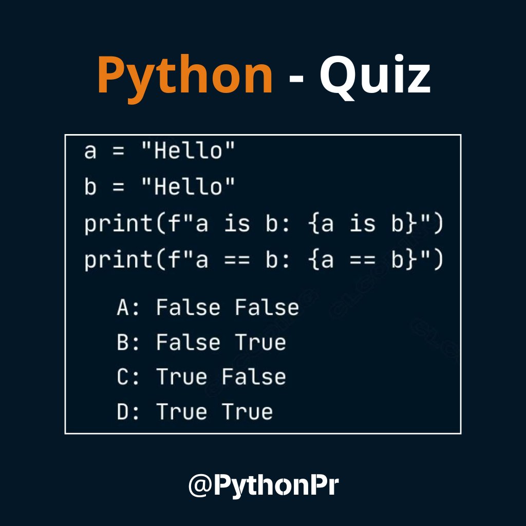 PythonPr's tweet image. Python Question / Quiz; What is the output of the following Python code, and why? Comment your answers below!
