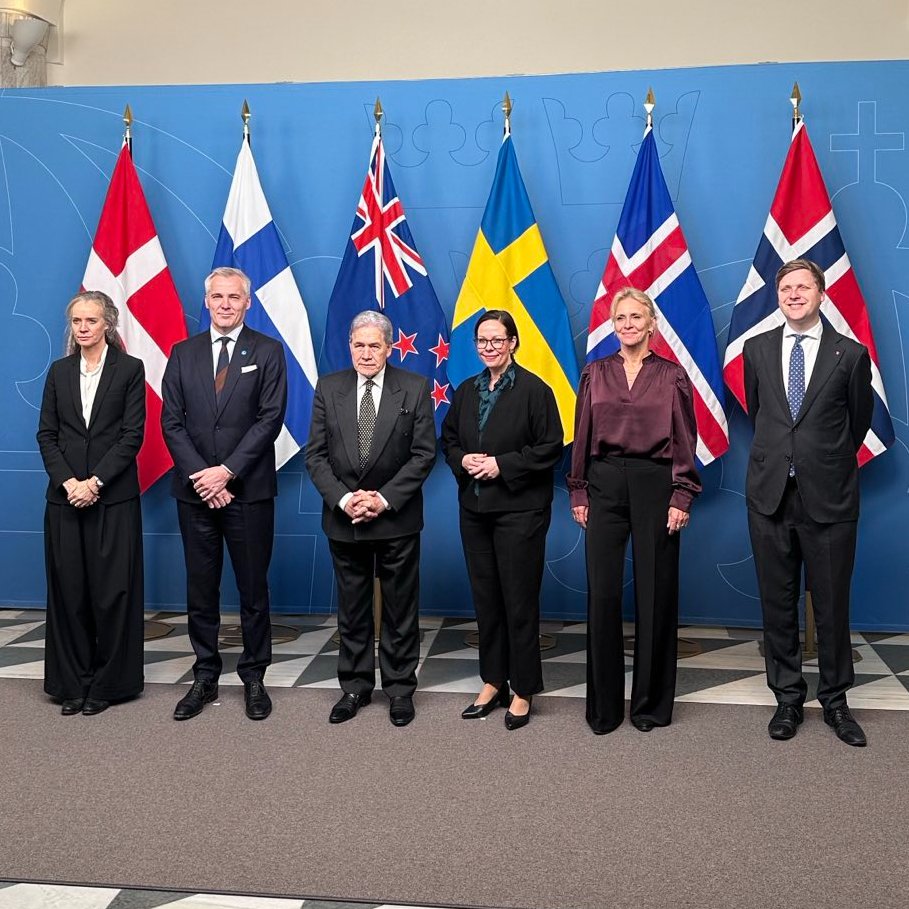 A pleasure to meet with my Nordic colleagues in Stockholm, joined by <a href="/NewZealandMFA/">Winston Peters</a> Winston Peters. We discussed key global challenges, including Russia’s ongoing war of aggression against Ukraine and developments in the Indo-Pacific and Europe. Nordic unity remains strong.