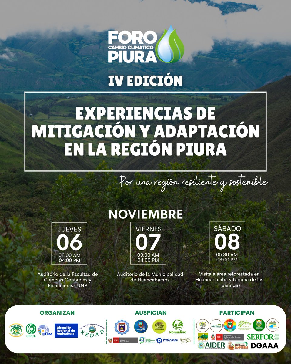 PROGRESO3's tweet image. Participa en el IV Foro Regional sobre Cambio Climático: Experiencias de Mitigación y Adaptación en la Región Piura, este 06, 07 y 08 de noviembre.

Conoce más sobre este evento📷: goo.su/rLKcjVS
𝗜𝗻𝘀𝗰𝗿𝗶́𝗯𝗲𝘁𝗲 𝗮𝗾𝘂𝗶́: forms.gle/fjBe3zkYpkJik1…

#CambioClimático
