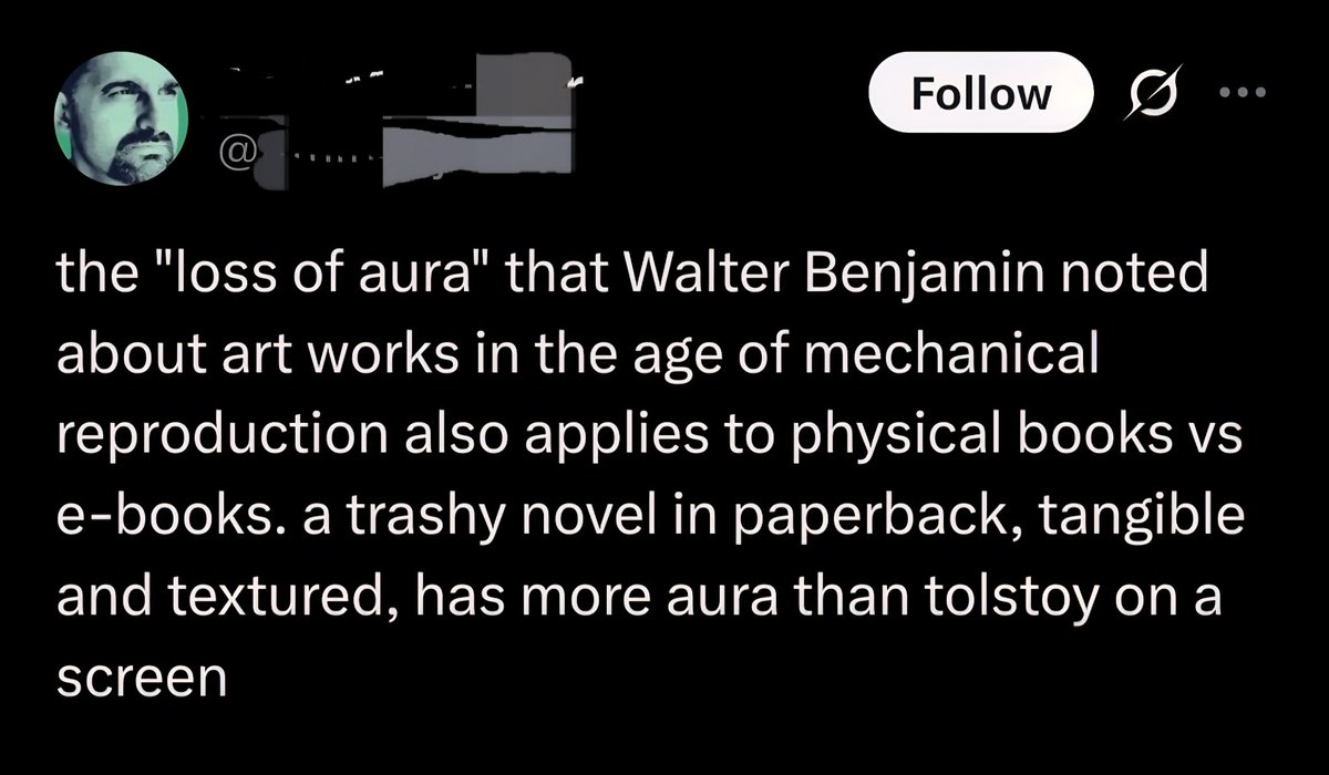 They're are so many things wrong with the world but pls I beg of you correct a small wrong and reread that Benjamin essay, the loss of aura is not a feature with singular affect