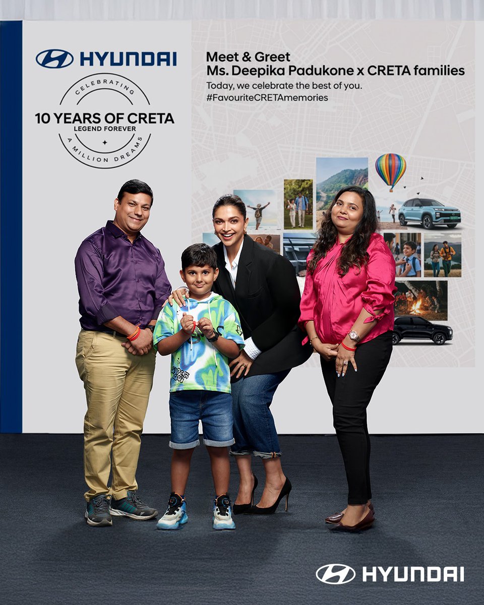 HyundaiIndia's tweet photo. Celebrating #10YearsOfCRETA with the winners of the #FavouriteCRETAmemory contest!  Ms. Deepika Padukone joined us to share smiles, stories &amp; the true spirit of #HyundaiCRETA — love, adventure &amp; memories that last a lifetime. 
  
#Hyundai #LegendForever #FavouriteCRETAmemories https://t.co/lyLR5aQdUI
