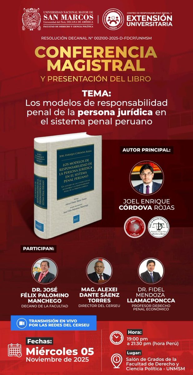 InPacifico's tweet image. 📚 𝗖𝗢𝗡𝗙𝗘𝗥𝗘𝗡𝗖𝗜𝗔 𝗠𝗔𝗚𝗜𝗦𝗧𝗥𝗔𝗟 𝗘𝗡 𝗟𝗔 𝗙𝗗𝗖𝗣

📆 Miércoles 05 de noviembre de 2025
🕖 19:00 a 21:30 h (hora Perú)
📍 Salón de Grados de la FDCP – UNMSM

✅ Una cita académica imperdible para nuestra comunidad sanmarquina.
#FDCP #UNMSM #CERSEU #Responsabilidad