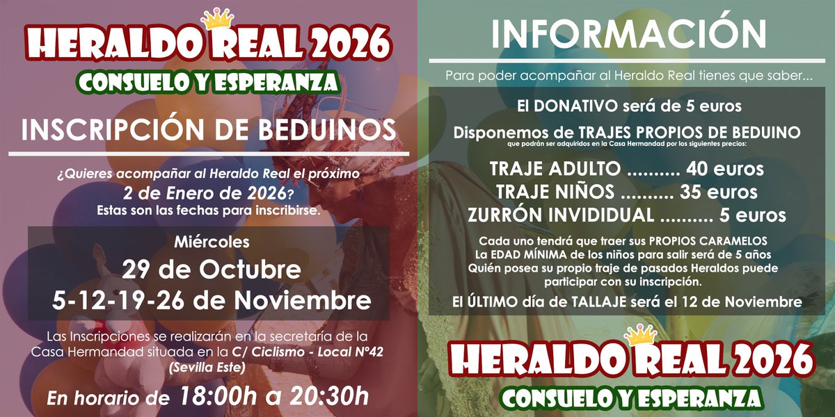 Recordamos que hoy miércoles: 𝐀𝐏𝐄𝐑𝐓𝐔𝐑𝐀 de nuestro Oratorio para visitar a nuestros titulares.

No olvides que ¡seguimos con la actividad de cara a nuestro #HeraldoRealConsueloYEsperanza26 con un nuevo día de inscripciones!

#ElConsueloSigueAndando