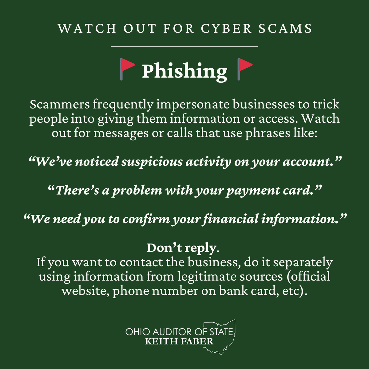 Watch out for phishing schemes where scammers impersonate legitimate organizations to trick people into sending them money or giving them access to accounts. #CybersecurityAwarenessMonth