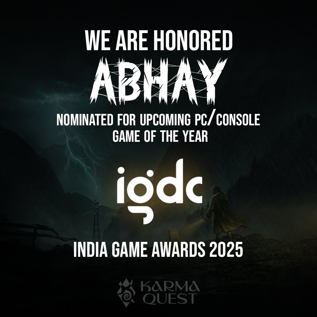 kquestcreations's tweet image. We’re honored to share that ABHAY has been nominated for “Upcoming PC/Console Game of the Year” at the India Game Awards 2025 by IGDC.

A heartfelt thank you to our team and supporters for being part of this journey.
This is just the beginning.

#AbhayGame #KarmaQuestCreations