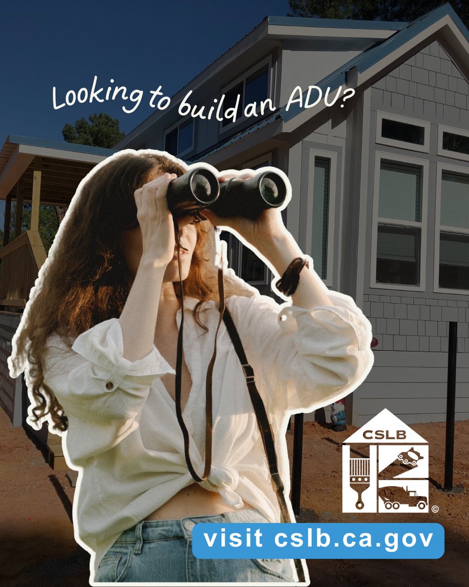 CSLB's tweet image. 👀 Looking to build an ADU but not sure where to start?
From permits to hiring the right contractor, CSLB has resources to guide you through the process.

✅ Get informed before you build: ow.ly/EAlB50WKzrG

#BuildingSmart #ADU #CSLB