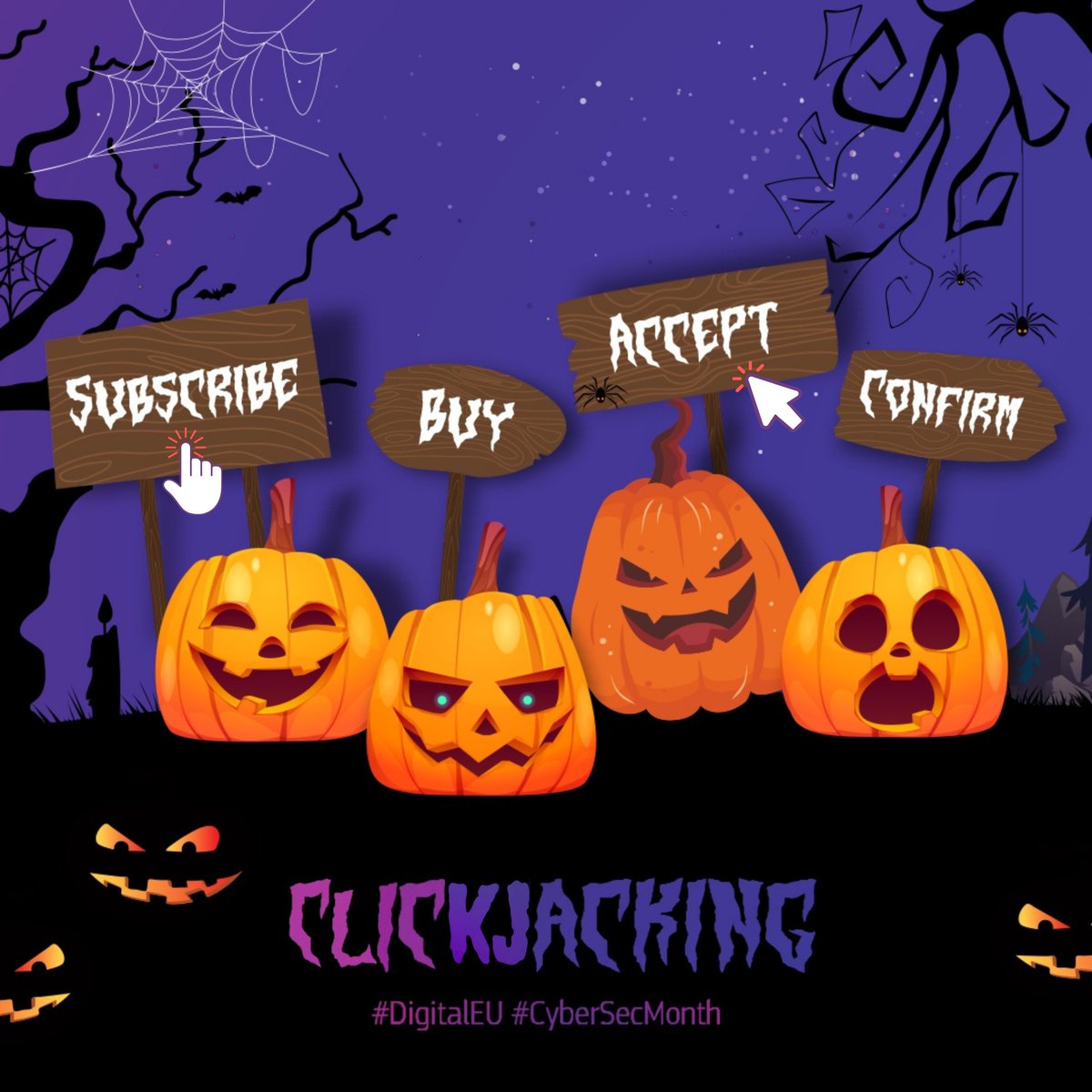 The European #CyberSecMonth ends today but cyber threats don't!

This #Halloween, learn how to protect yourself against cyber monsters:

💀 Phishing
🤕 Social engineering
🧛‍♂️ Ransomware
🎃 Clickjacking

Discover more: cybersecuritymonth.eu

<a href="/Cybersec_EU/">CyberSec_EU 🇪🇺</a>