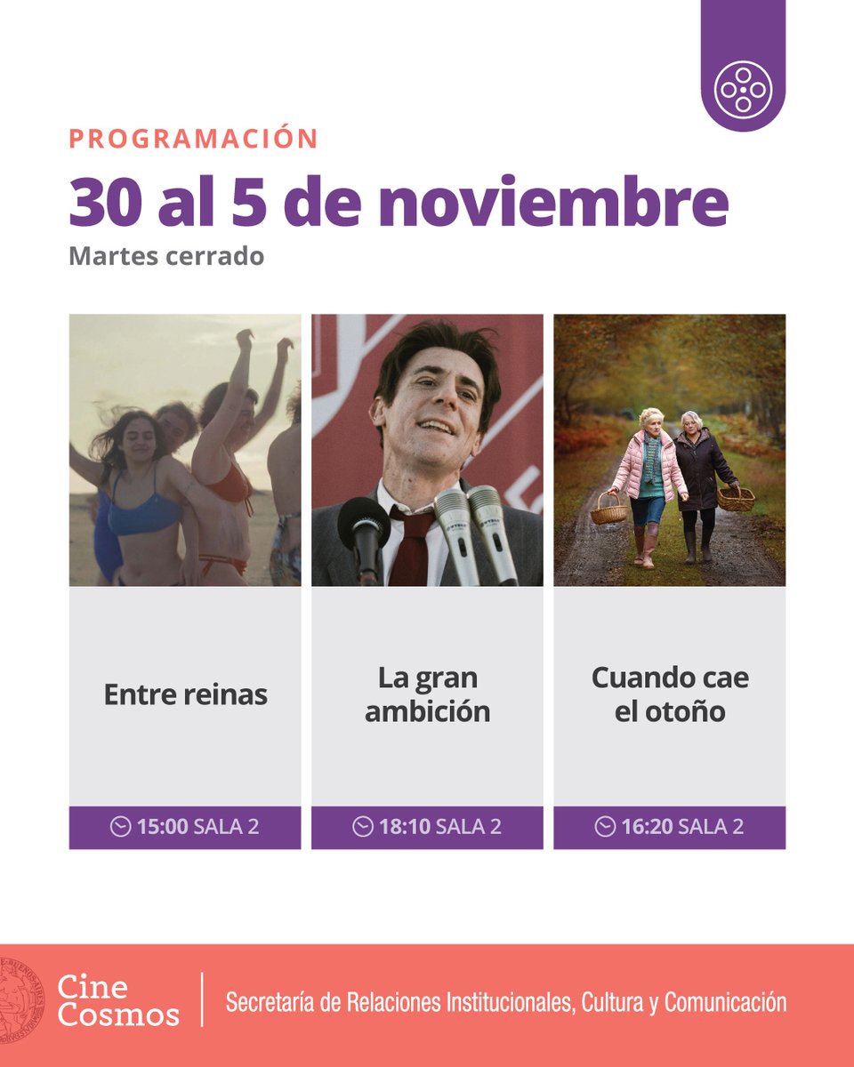 🗓️ ¡Agendá la  #CarteleraCosmosUBA! – del 30 de octubre al 5 de noviembre!

📍 Av. Corrientes 2046 
🎟️ Entradas en boletería el mismo día de la función
🎬 ¡Vení al #CosmosUBA! 

📲Mirá toda la info en cinecosmos.uba.ar