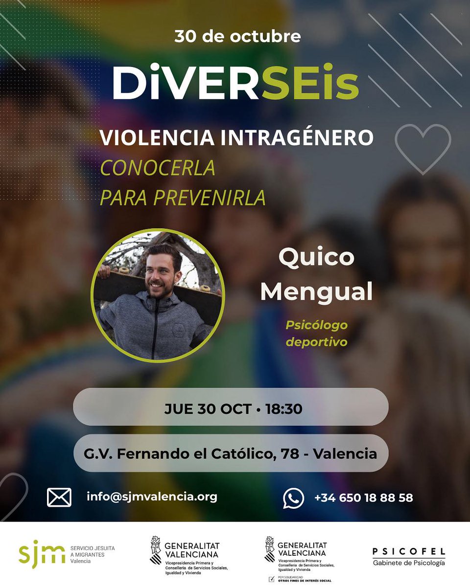 SJM Valencia-Servicio Jesuita a Migrantes Valencia (@sjm_vlc) on Twitter photo Anunciamos la segunda sesión de DiVERSEis 📷
Este jueves 30 OCT a las 18:30 seguimos con el ciclo con una charla necesaria:
VIOLENCIA INTRAGÉNERO
Conocerla para prevenirla.
📷 Inscripción gratuita aquí:
forms.gle/e5Sb4n3mcXr58L… Anunciamos la segunda sesión de DiVERSEis 📷
Este jueves 30 OCT a las 18:30 seguimos con el ciclo con una charla necesaria:
VIOLENCIA INTRAGÉNERO
Conocerla para prevenirla.
📷 Inscripción gratuita aquí:
forms.gle/e5Sb4n3mcXr58L…