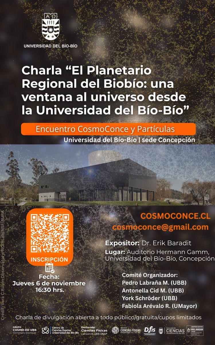 Charla de divulgación científica!!!  Inscripciones abiertas. cosmoconce.cl
<a href="/cienciasubb/">Facultad de Ciencias Universidad del Bío-Bío</a> <a href="/vripubb/">Vicerrectoría de Investigación y Postgrado</a> <a href="/ubbchile/">U. del Bío-Bío</a>
