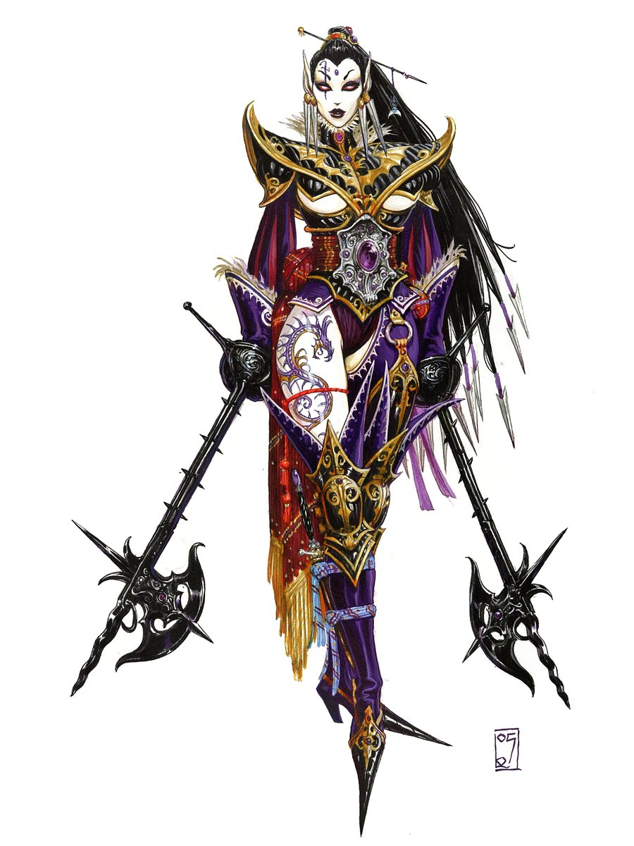 Concept art by Olivier Ledroit for Heroes of Might &amp; Magic V. For a Hero class of the Dungeon faction, male &amp; female versions of a Dark Elf Warlock. Perhaps Raelag, as a dark elf Clanlord of the Shadowbrand clan, &amp; succubus Biara, under the guise of a dark elf Witch Shadya.