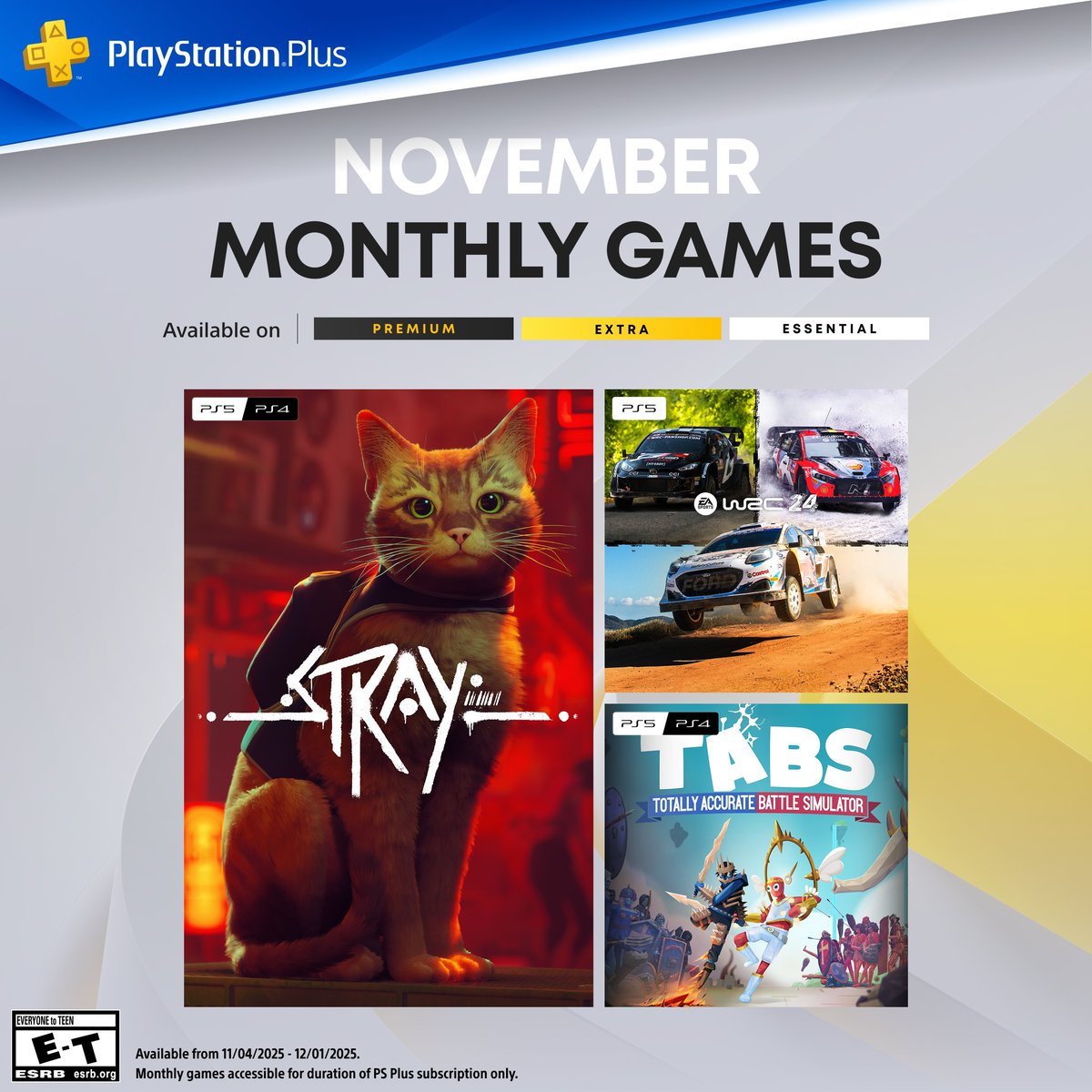 fennelyguy's tweet image. PS+ Essential games for November just got announced. My take:

Stray: still a very cool adventure, got both plats already

WRC24: not a fan of rally games

TABS: ok, someone tell me what this game exactly is and how the plat is please

Your thoughts ?

#PS4 #PS5 #PSPlus