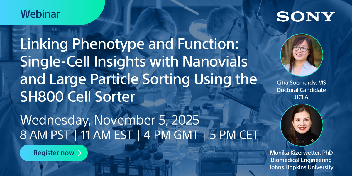 Discover how functional immune profiling is evolving.

Learn how the Large Particle Sorting Option for Sony cell sorters, combined with Nanovial technology, enable CAR library screening, rare TCR recovery &amp; single-cell functional analysis.

Register now ➣ ow.ly/4kc950XgYUj