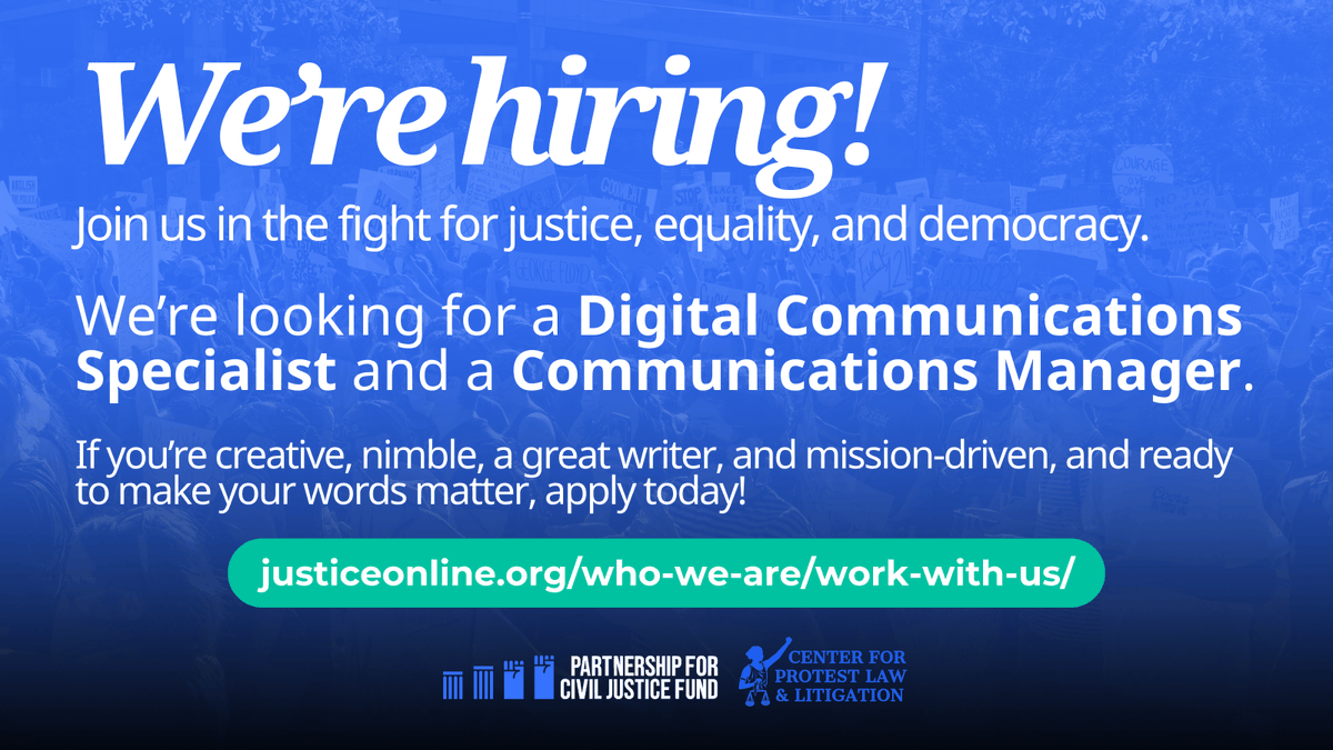 ThePCJF's tweet image. Want your words to make an impact?

Join us to fight for civil rights + defend democracy.

We’re hiring a Digital Communications Specialist and a Communications Manager!

📢 Apply here → justiceonline.org/who-we-are/wor…