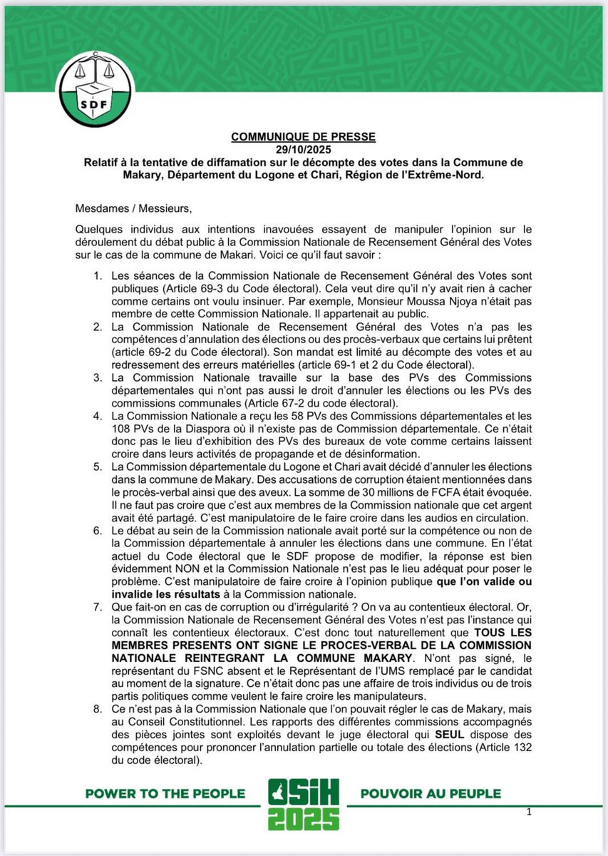 _Gouater's tweet image. Louis-Marie Kakdeu, notre représentant à la Commission Nationale de recensement Général des votes, a apporté des clarifications face aux fausses informations diffusées au sujet du décompte des votes à Makary.

Il a souligné la nécessité d’une réforme urgente du #CodeElectoral.