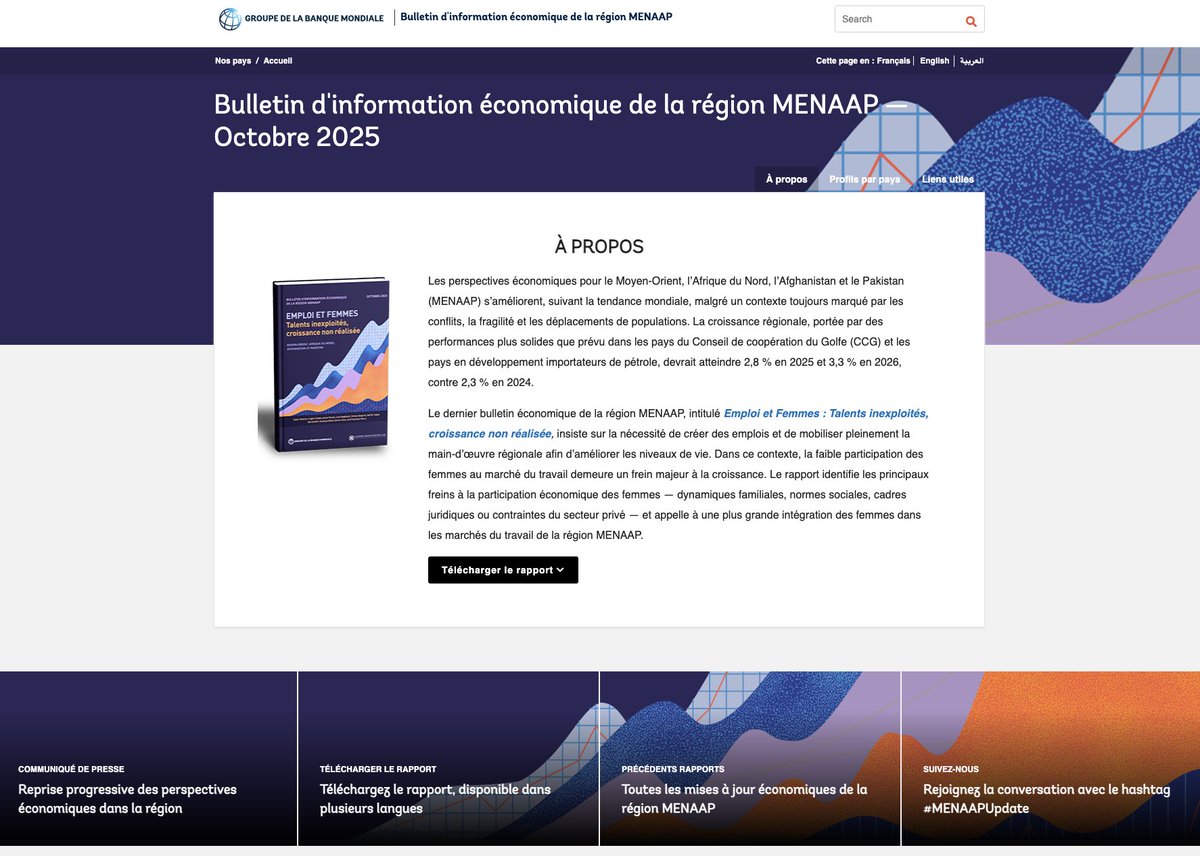 WorldBankMENA's tweet image. Une activité pétrolière soutenue, des secteurs non pétroliers solides et le rebond de l’agriculture et du tourisme améliorent les perspectives.

Mais conflits, déplacements et stress hydrique freinent encore le développement. Voir notre #MENAAPUpdate : wrld.bg/J1Zx50XjSXs