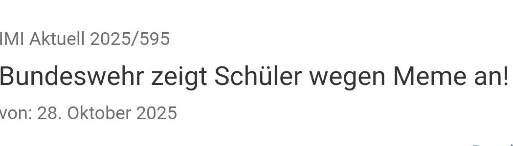 Meinungsfreiheit am Arsch.
Wer nicht klaglos für Deutschland sterben will, wird als Problem gesehen.

Die #Bundeswehr schickte einen Kriegspropagandisten an eine #Freiburg'er Schule, um dort zu werben.
Dies gefiel nicht allem Schüler*innen und einer erstelle ein entsprechendes