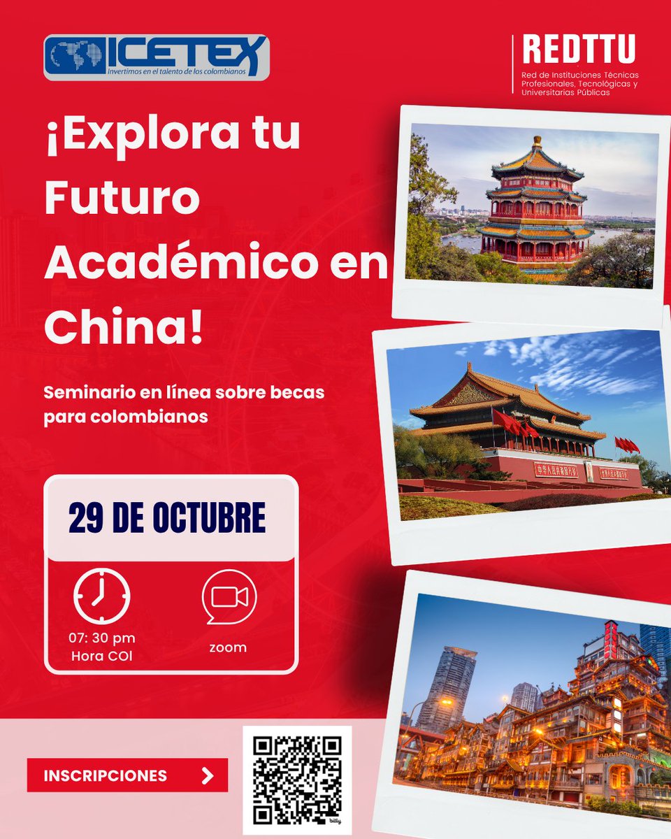 ¡Explora tu futuro académico en la República Popular China! 
El <a href="/ICETEX/">ICETEX</a>  invita a inscribirse al seminario en línea de becas chinas para colombianos ➡️ bit.ly/47hKatu este miércoles 29 de octubre, desde las 7:30 p.m Hora Colombia por medio de la plataforma ZOOM.