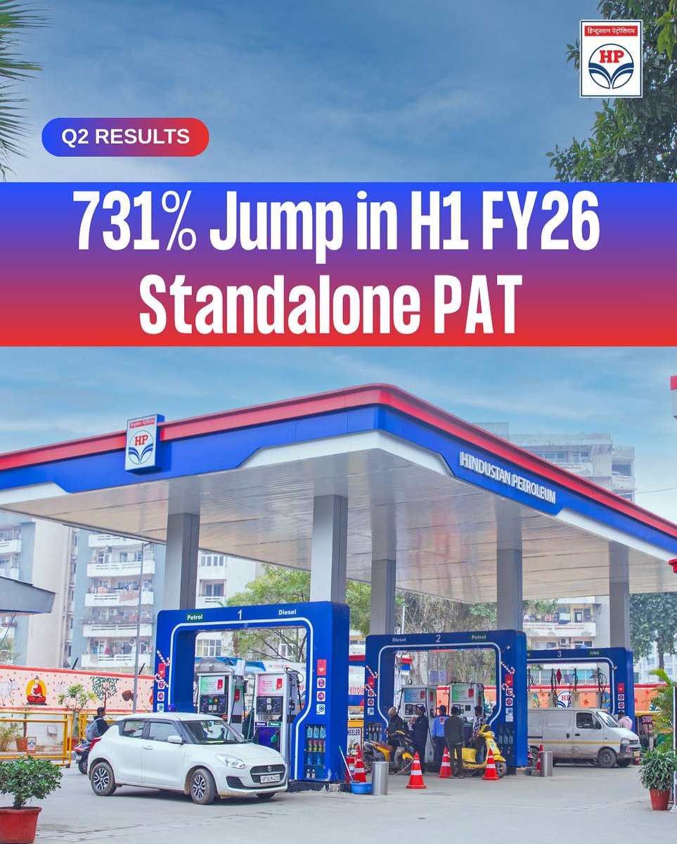 A quarter of exceptional growth! 
HPCL delivered a standout performance in Q2 and H1 FY26, driven by robust refining operations and strong financial results.

The company recorded a 731% surge in Standalone Profit After Tax for H1 FY26, reaching ₹8,201 crore, with a 507%