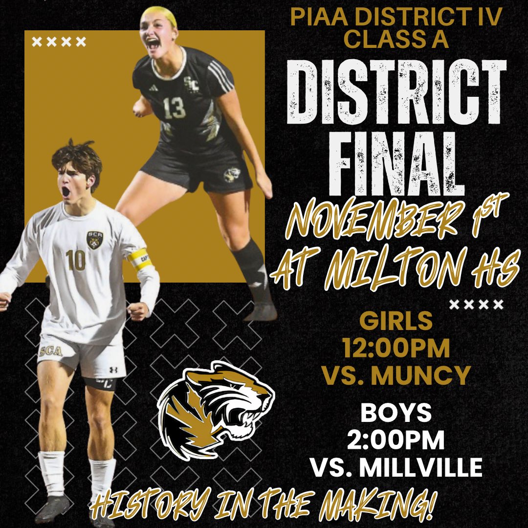 Both the Girls and Boys Soccer Teams will play in the District Championship on Saturday at Milton.  The Girls will take on Muncy at 12pm and the Boys will play Millville at 2pm.  Come out and support!