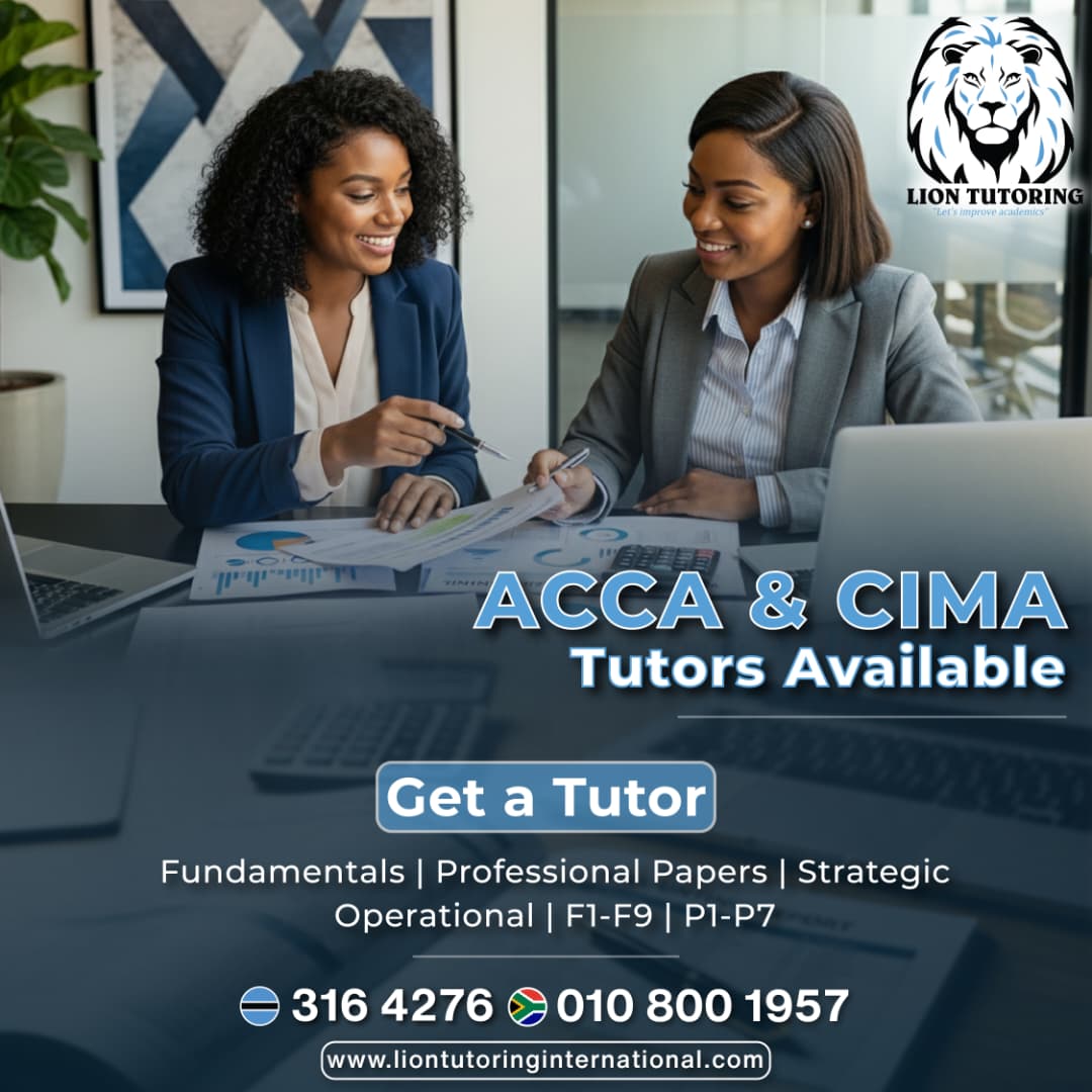 liontutoring's tweet image. ACCA &amp;amp; CIMA tutors available
Get a tutor for Fundamentals, Strategic, Operational, F1-F9, P1-P7
📞 🇿🇦 010 800 1957 🇧🇼 316 4276  🇰🇪 011 501 8032
liontutoringinternational.com
#StudySmart #LionTutoring #LearnWithExperts