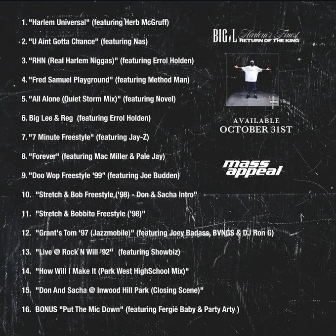 Album cover artwork displays title Big L Return of the Devil featuring various artists including Harlem Universe with Herb McGruff Method Man RZA Real Harlem Niggas with Errol Holden Fred Samuel Play with Method Man All Alone Quiet Storm Mix with Novel Big Lee Reg with Errol Holden 7 Minute Freestyle with Jay-Z Forever with Mac Miller and Pae Jay Do Wop Freestyle 99 with Joe Budden Stretch and Bob Freestyle 99 with Don and Sacha Intro Stretch and Bob Freestyle 99 with Joey Bada BVNGs DJ Ron Giants Tom Jazzy 99 with Showing Joey Bada BVNGs and DJ Ron Will I Rock 99 West High School Mix and bonus track Put the Mic Down with Fergie Baby and Party available October 31 mass appeal branding.