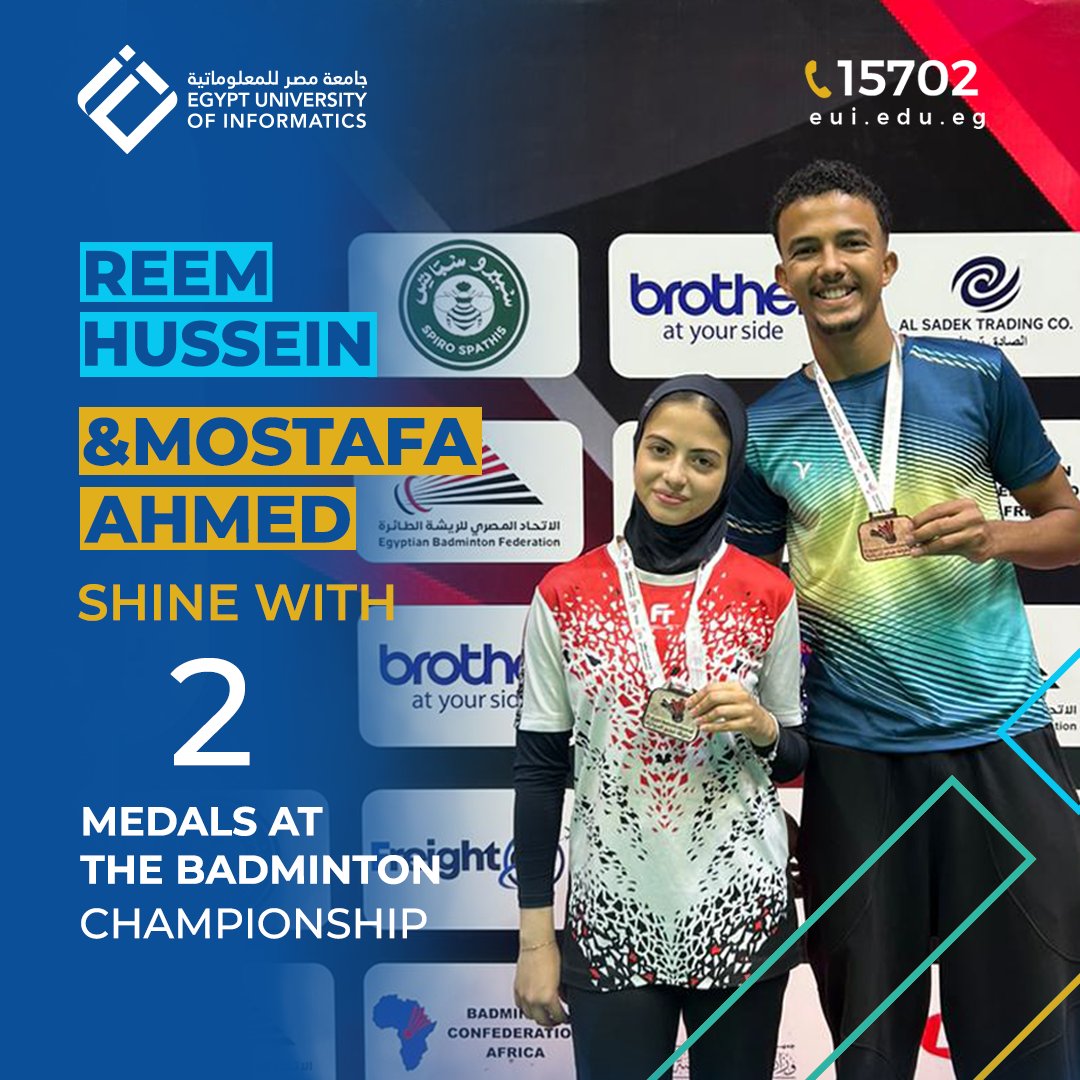 Egyuniversity's tweet image. Proud moment for EUI! 🎉
EUIans Reem Hussein &amp;amp; Mostafa Ahmed won silver 🥈 and bronze 🥉 at the 1st Egypt International Junior Badminton Championship 🇪🇬🏸

Congrats to our champions for making EUI &amp;amp; Egypt proud!
#EUI #Sports #Athletes #Badminton