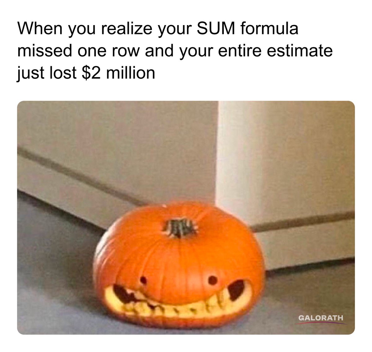 galorath's tweet photo. The scariest part of any estimate? One missing cell. 🎃

#CostEstimation #ProjectManagement #Spreadsheets #SEERai #Galorath #Halloween #HalloweenHumor #ProjectEstimation #CostEngineer #SEER https://t.co/GXYHW07vK0