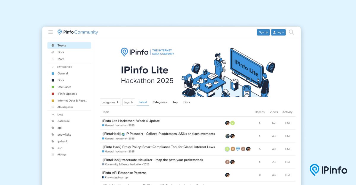 ipinfo's tweet image. The best ideas about the internet start in our community: a space for developers, researchers, and builders using IPinfo data to power projects, share discoveries, and explore new experiments.

Join us → ipinfo.io/community

#IPdata #Developers #Community