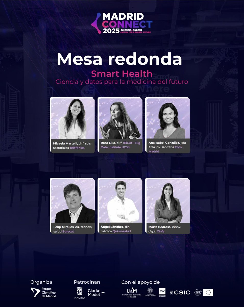 BigData_uc3m's tweet image. La medicina ya no solo cura ❌

Ahora también previene 🔮

(Y se personaliza paciente a paciente)

Ayer, Rosa Elvira Lillo participó en la mesa Smart Health de #MadridConnect2025 (Parque Científico de Madrid).

📺 Charla completa:
 youtube.com/live/n7VINrBEs…