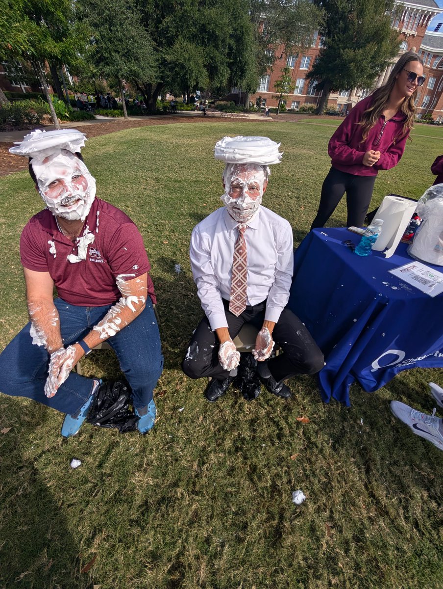 On 10/24, CSE Asst Clinical Professor, Dr. Trawick, and Asst. Professor, Dr. Manias, took pies to the face to raise money for Le Bonheur Children's Hospital. Their participation helped raise around $400. A. Davis and B. White also pictured. 
#msstate #HailState #computerscience