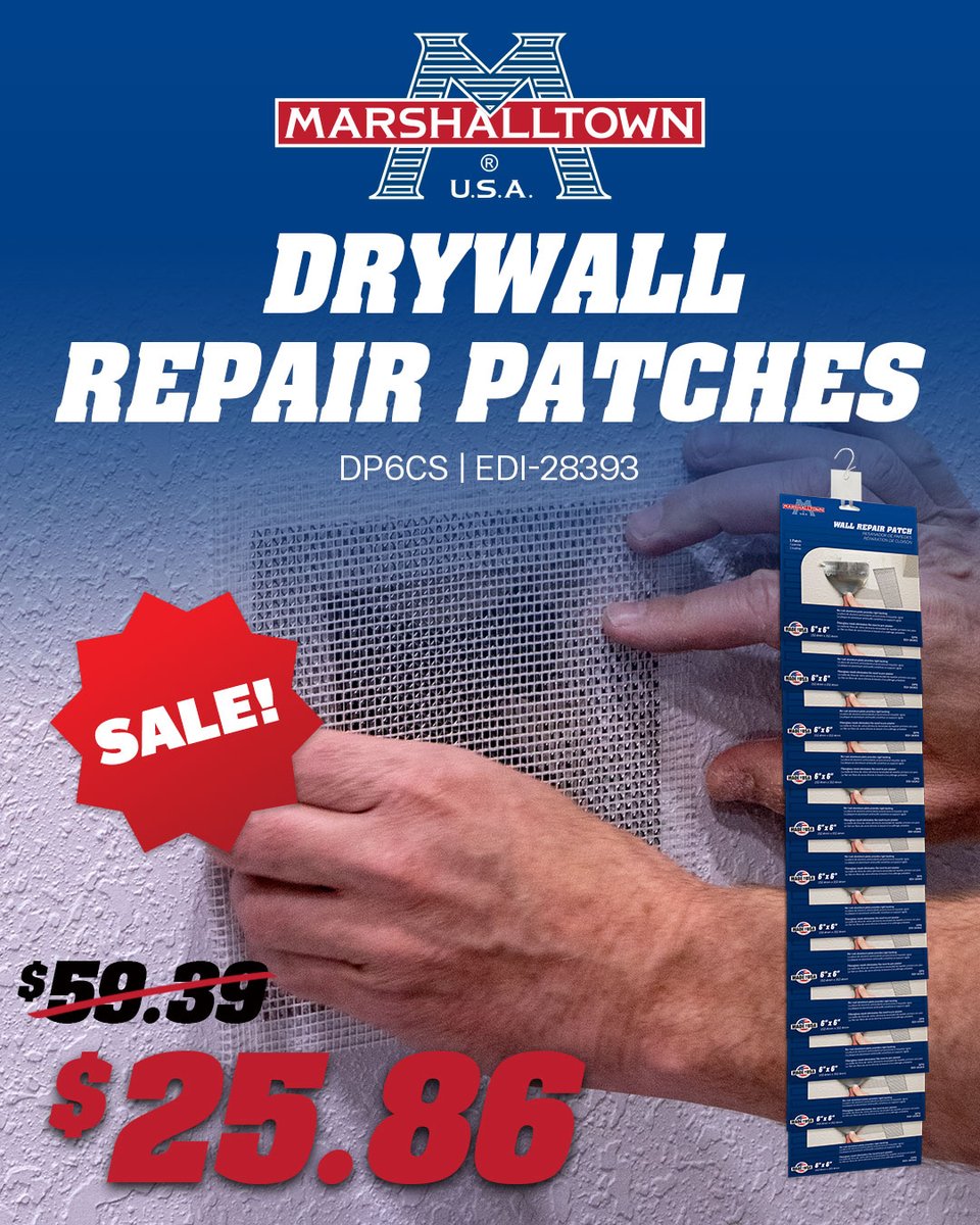 Fix small to medium size holes in drywall or plaster with the 6"x6" Drywall Repair Patches. (Qty 12)  bit.ly/47xHXKx
#drywall #sale #DIY
