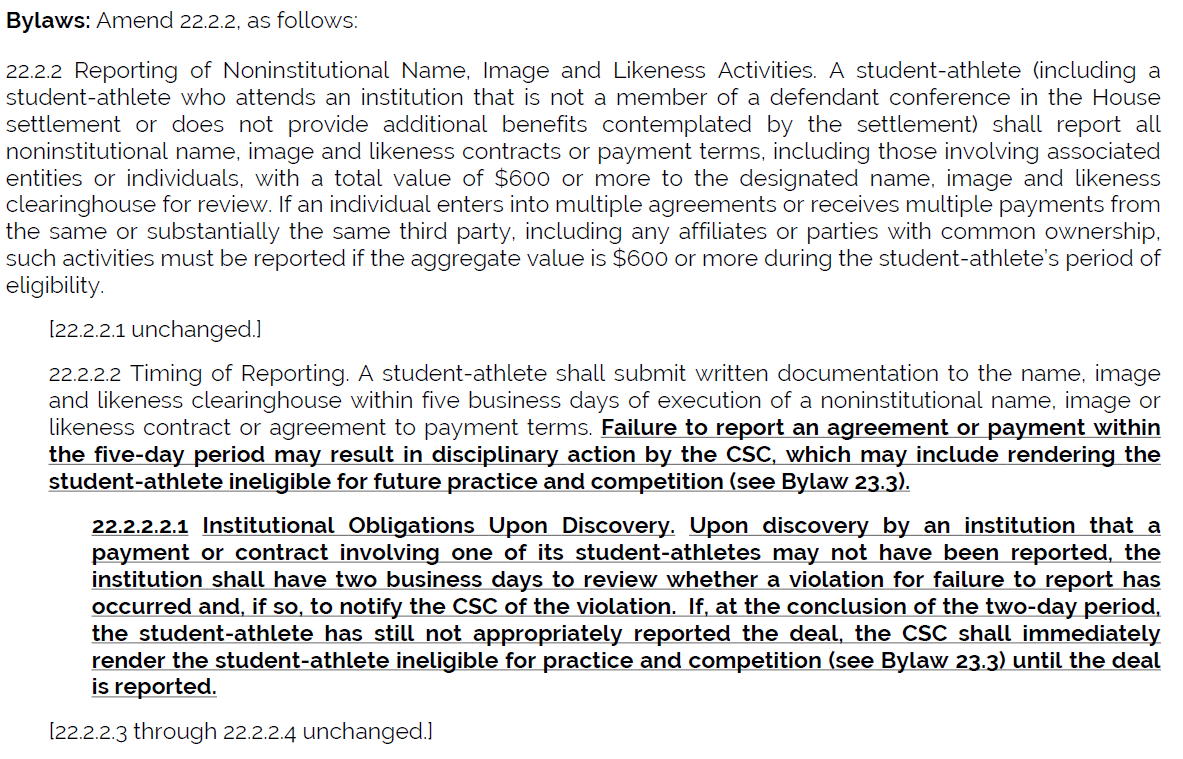 Effective immediately:  NCAA Board of Directors adopted Proposal No. 2025-38, establishing institutional obligations &amp; potential eligibility implications for a student-athlete who fails to report a noninstitutional NIL deal within 5 business days of the agreement.