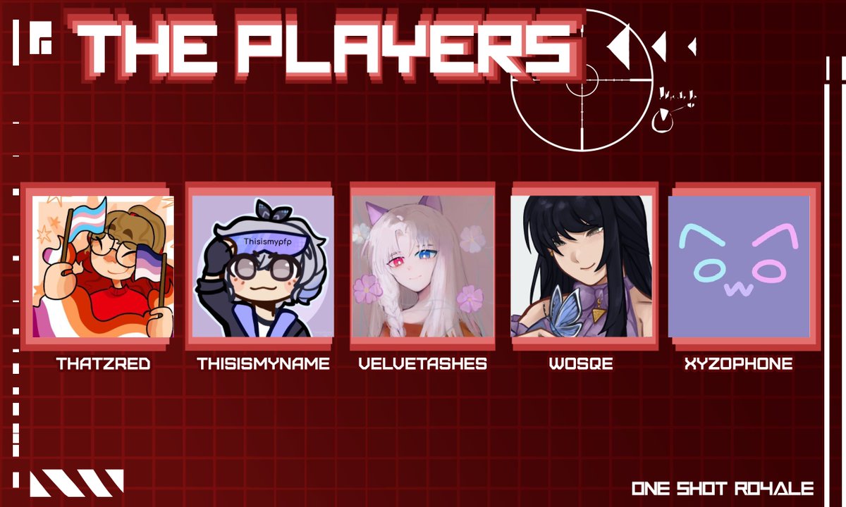 Announcing the 10th and final batch of players for One Shot Royale: Your Shot 2!

<a href="/ThatzRed/">Red</a> <a href="/UrReadingMyNam3/">UrReadingMyName</a> <a href="/VelvetAshes/">Velvet 🏳️‍⚧️</a> Wosqe <a href="/xyzofox/">xyzophone</a> 

Who will outlast the rest? Find out in our 2nd viewer event Sunday November 2nd at 1PM EST!