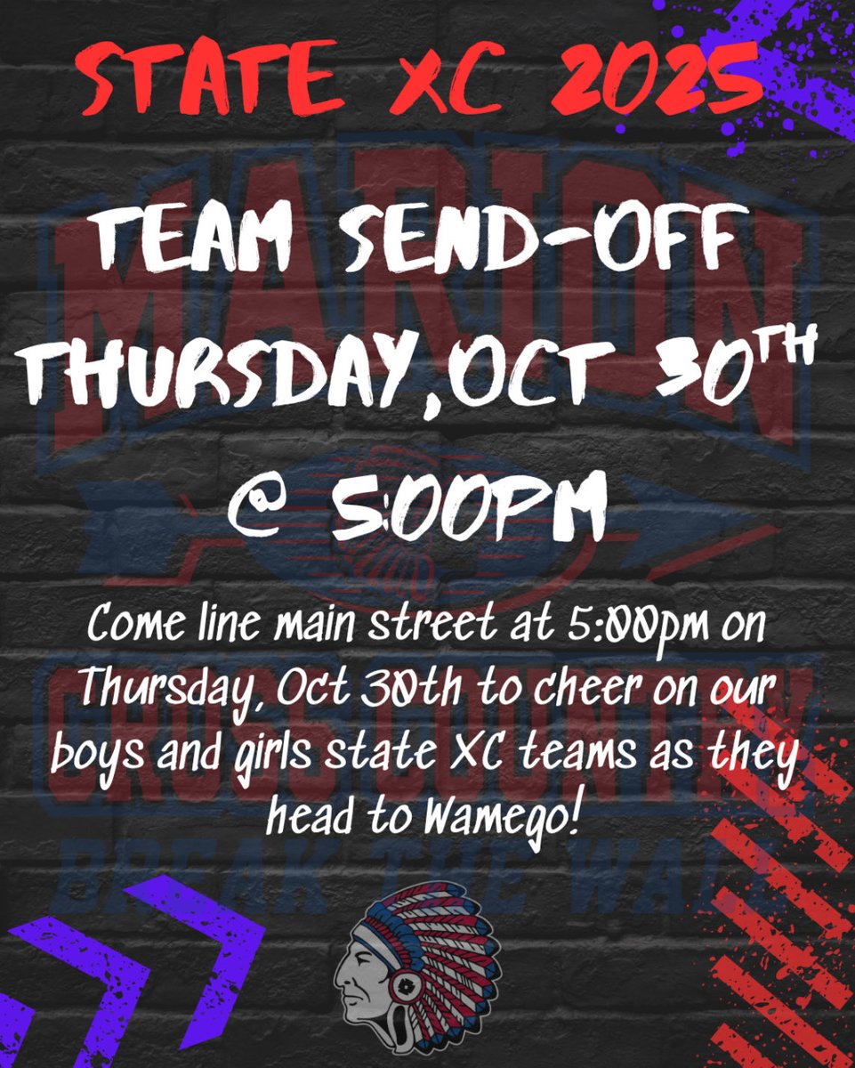 🚨STATE CROSS COUNTRY SEND-OFF 🚨

Come line Main Street on Thursday at 5pm to cheer on our state cross country boys and girls team as they prepare to run this weekend at Wamego!
