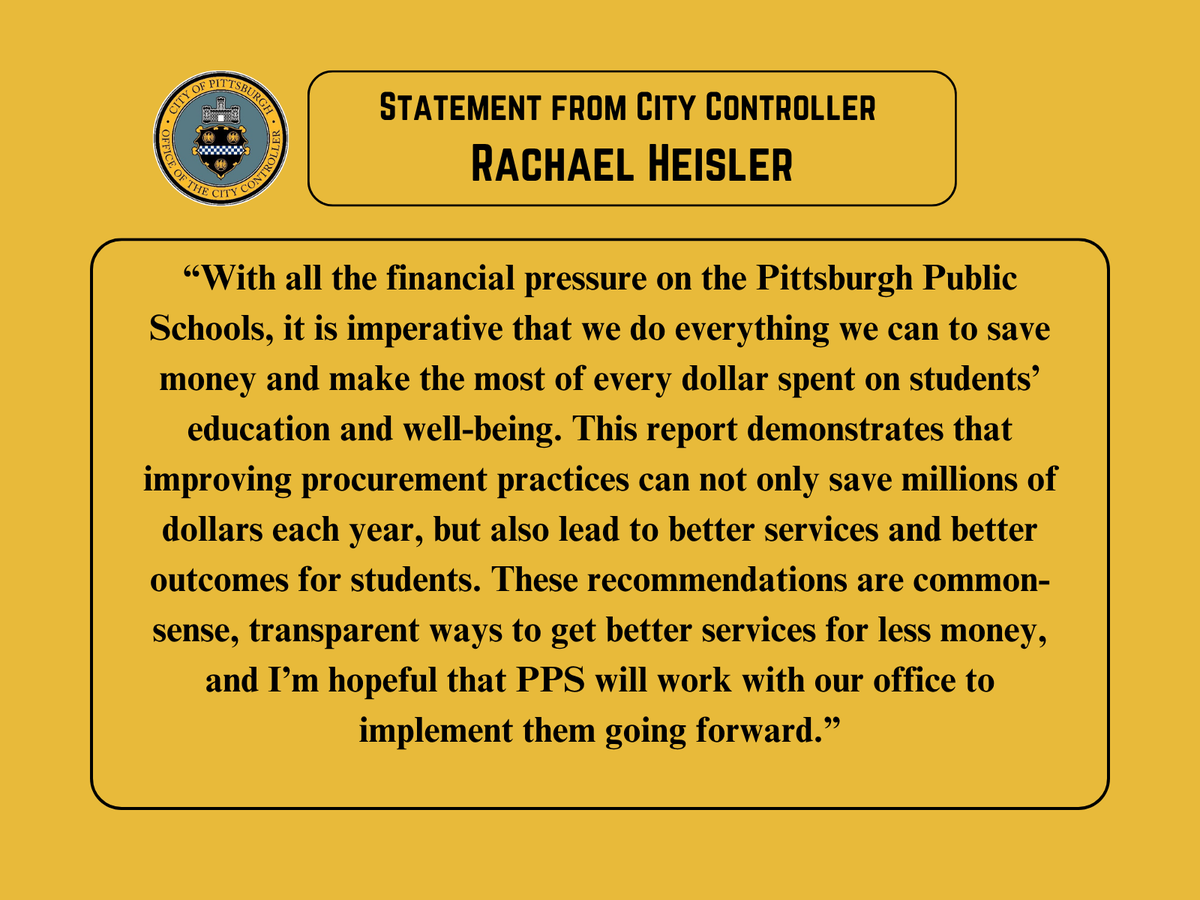 PGHController's tweet image. Today my office released a special report finding that Pittsburgh Public Schools could be saving millions of dollars a year by strengthening their procurement practices. Read the full report here: pittsburghpa.gov/files/assets/c…