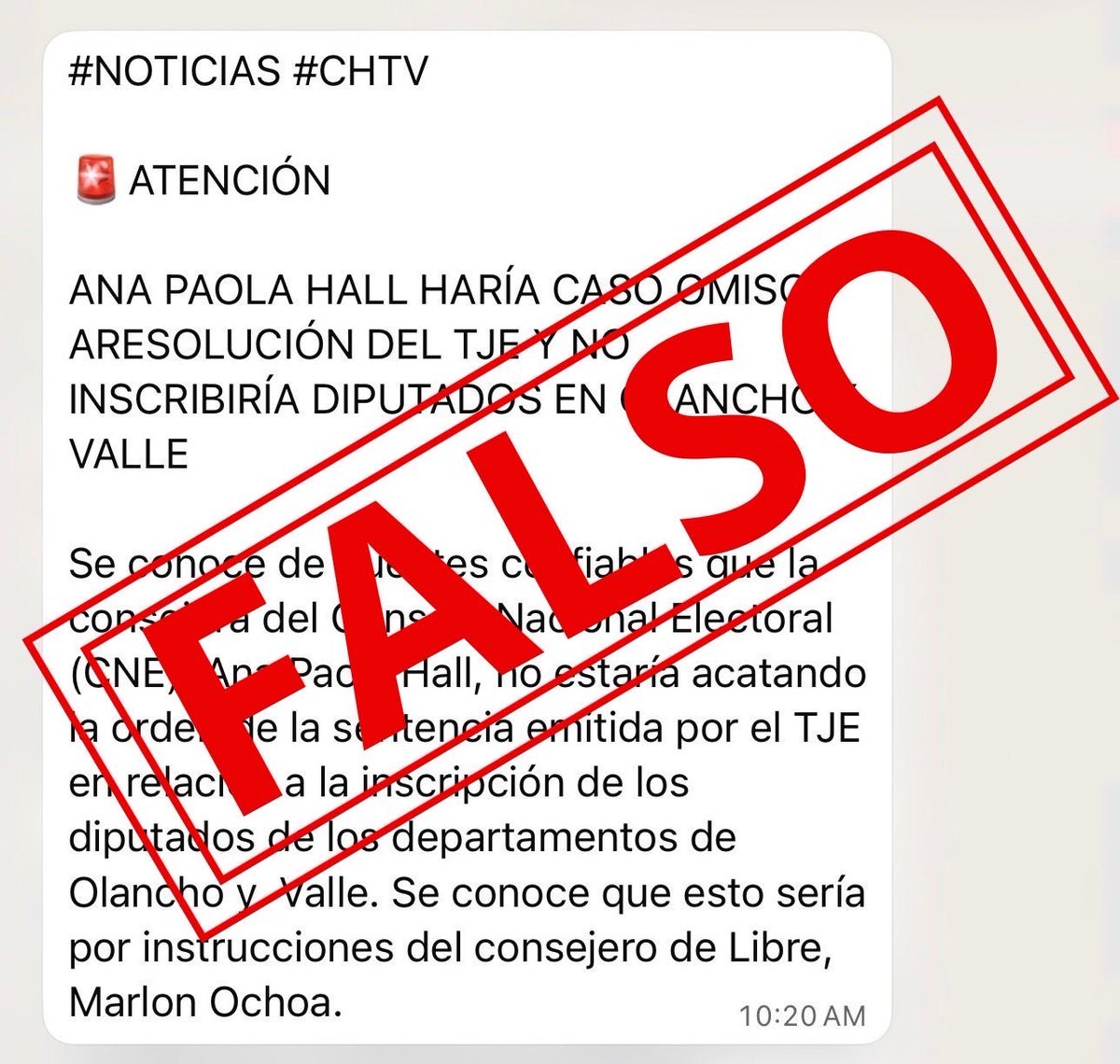 Circulan nuevamente noticias falsas que buscan generar desconfianza y asociar a la Consejera <a href="/APHall_CNE/">Ana Paola Hall</a> al Partido Libre. Reafirmamos que el <a href="/PLHonduras/">Partido Liberal de Honduras</a>  actúa con respeto a la ley y a las resoluciones judiciales