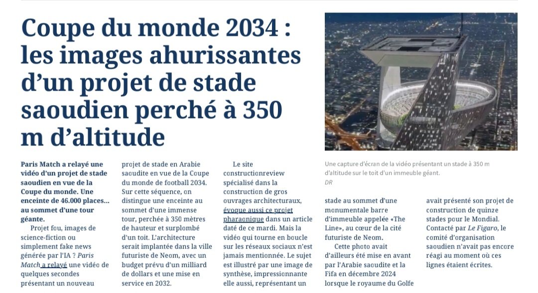 AUX TRIBUNES ! (@dlphool) on Twitter photo 🇸🇦 Stades.
Coupe du Monde 2034.
Ahurissant projet de stade saoudien perché à 350m d'altitude
<a href="/Sport24Team/">Le Figaro Sport</a> 29.10.2025 🇸🇦 Stades.
Coupe du Monde 2034.
Ahurissant projet de stade saoudien perché à 350m d'altitude
<a href="/Sport24Team/">Le Figaro Sport</a> 29.10.2025