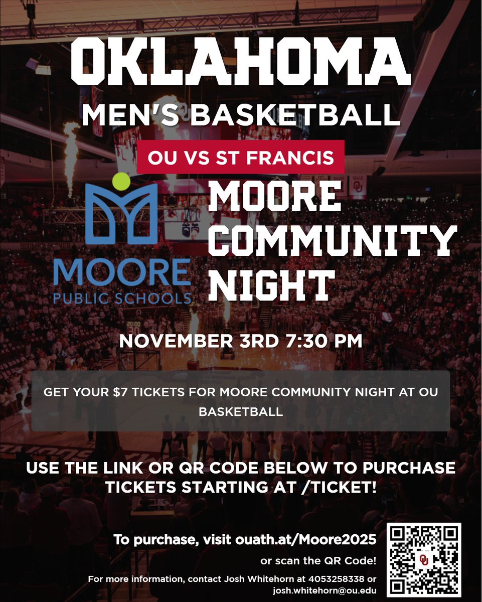 MoorePublicSch's tweet image. Who’s ready for basketball season? 🏀
 
@OU_MBBall invites YOU to their Moore Community Night, with discounts on tickets!
 
Tickets start at $7 per person, and kids ages two and under are free! Get your tickets here: ouath.at/Moore2025

#mpspride #communitypartnerships