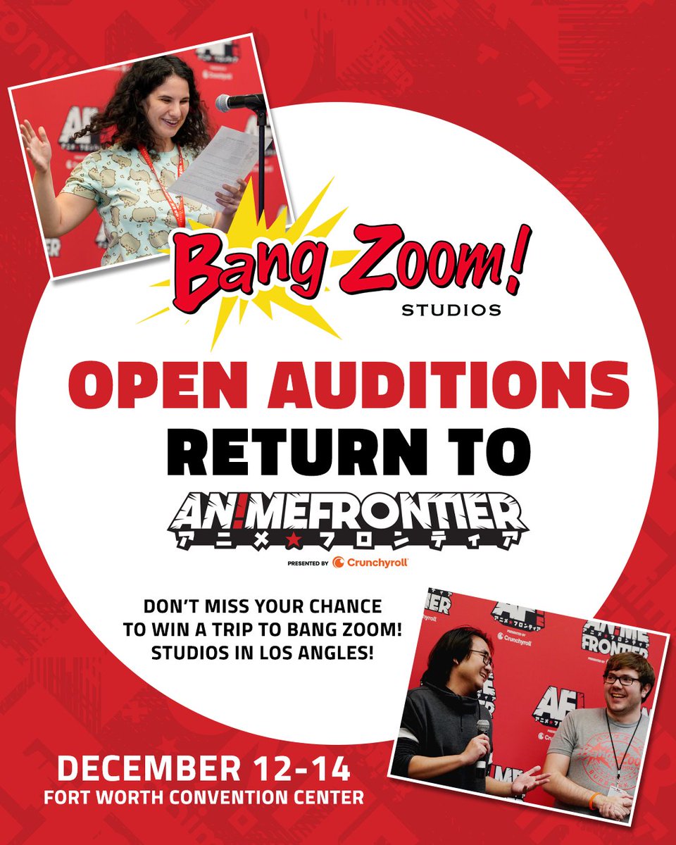🎙️⭐ Dream of becoming a voice actor? Here’s your chance! Anime Frontier is thrilled to partner with Bang Zoom! Studios once again to bring back our popular Voice Actor Open Auditions. 

🎭 LEARN MORE: loom.ly/ICNT1U8