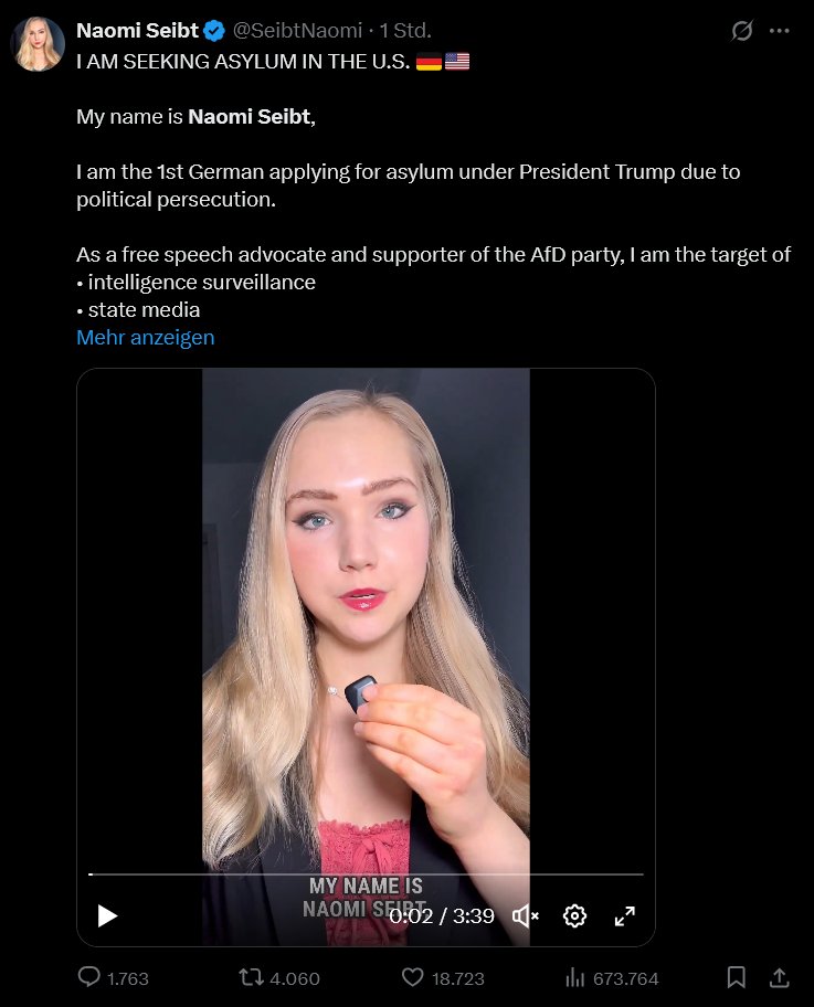 naomi seibt, asyl in den usa 🤭 die dame braucht mal wieder aufmerksamkeit 🫢 wo bleibt die unterstützung von #Trump , #Musk und #AfD 😂🤣