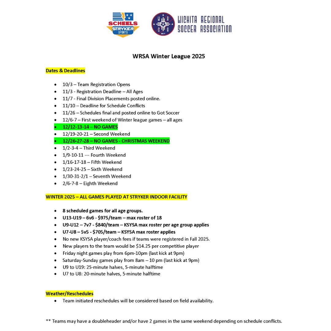 🚨Registration deadline is Monday, November 3rd! 🚨
WRSA Winter League 2025 Registration is now open! 
New format for upper age groups in 2025!
All teams will play at Stryker Sports Complex
League will begin12/6 - 2/8
See league flyer for more information!
bit.ly/WRSA-Winter-20…