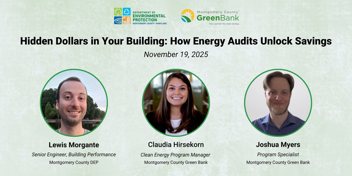 Join us on November 19 for a webinar hosted by @mygreenmc and the Montgomery County Green Bank. Learn how energy audits can uncover opportunities to cut costs, improve comfort, and boost efficiency in your building. 💥 

Hear from Claudia Hirsekorn and Joshua Myers of the Green